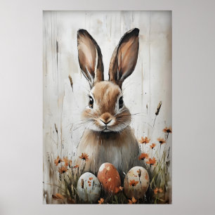 Póster Conejo de Pascua en estampa floral, Pascua Rústica