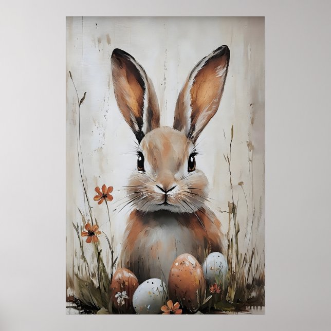 Póster conejo de Pascua en estampado de flores, Pascua rú (Frente)