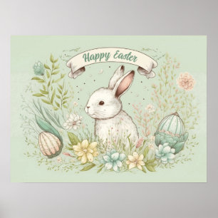 Póster Conejo de Pascua feliz con flores verde salvia