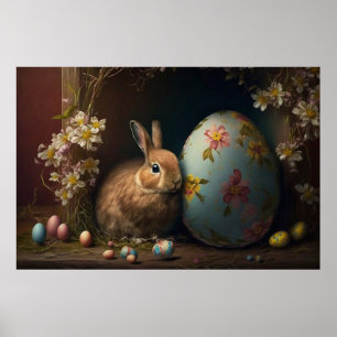 Póster Conejo de Pascua marrón junto a un huevo floral az