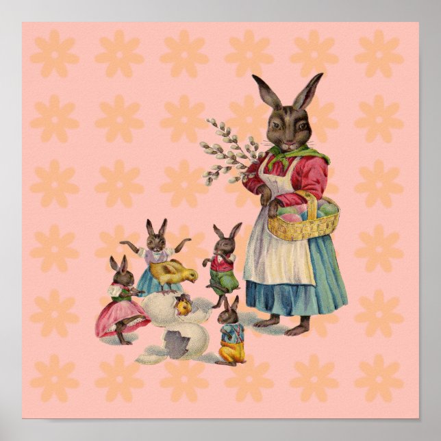 Póster Conejo de Pascua Pollitos Conejos Huevos (Frente)