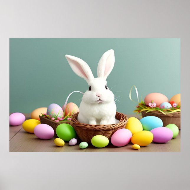 Póster Conejo de Pascua sentado en una cesta (Frente)