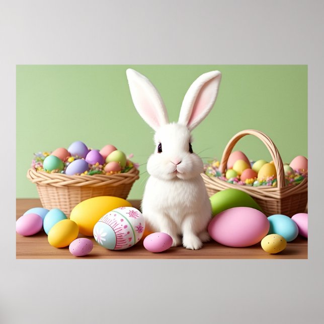 Póster Conejo de Pascua sentado en una cesta (Frente)