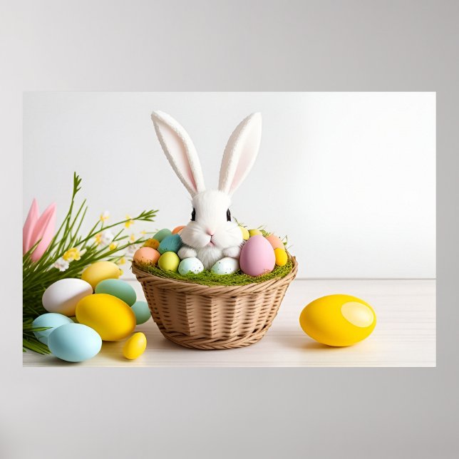 Póster Conejo de Pascua sentado en una cesta (Frente)
