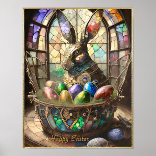 Póster Conejo de Pascua Steampunk y huevos coloridos en c