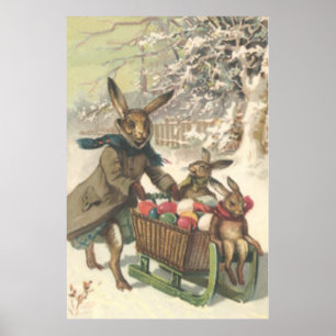 Póster Conejo de Pascua Trineo de Nieve Huevo Pintado de 