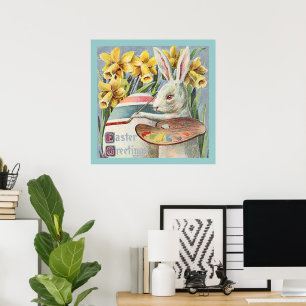 Póster Conejo de Pascua vintage pintor de un huevo, ZSSG