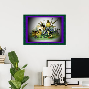 Póster Conejo de Pascua Vintage, Pollitos y Flores, ZSSG
