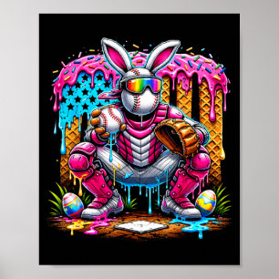 Póster Conejo Divertido de Béisbol Catcher Pascua Deporte