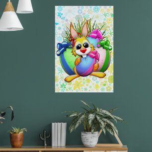 Póster Conejo divertido mordiendo un huevo de Pascua