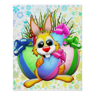 Póster Conejo divertido mordiendo un huevo de Pascua