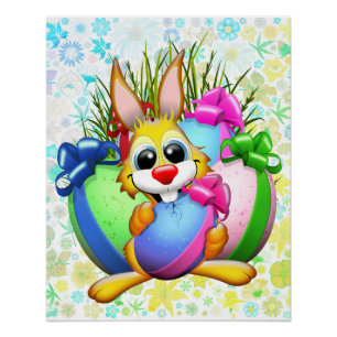 Póster Conejo divertido mordiendo un huevo de Pascua