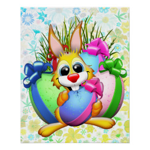 Póster Conejo divertido mordiendo un huevo de Pascua