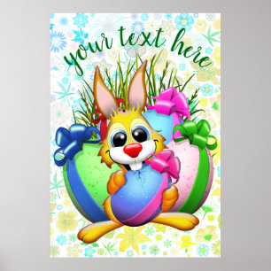 Póster Conejo divertido mordiendo un huevo de Pascua