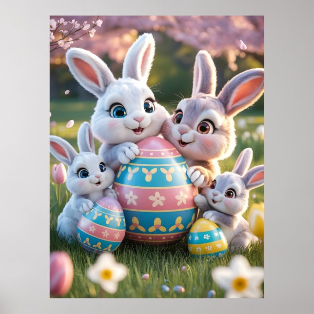 Póster Conejo familiar alegre en 3D con un huevo de Pascu (Frente)