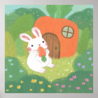 Póster Conejo feliz con zanahoria en el bosque