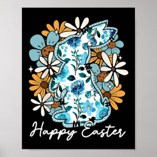 Póster Conejo Feliz De Pascua Diseño Floral Azul Amarillo
