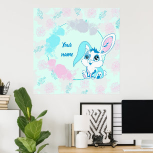 Póster Conejo Feliz de Pascua  Kawaii Azul Adorable
