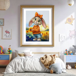 Póster Conejo femenino campo de girasoles