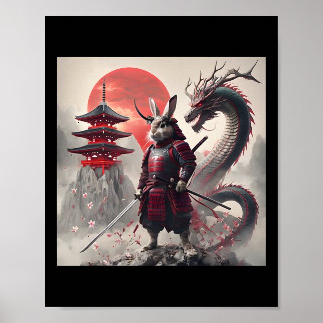 Póster Conejo gráfico guerrero samurái japonés de conejo (Frente)