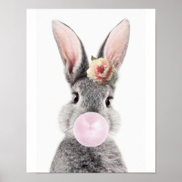 Póster Conejo gris soplando flor de anemona de chicle