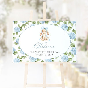Póster Conejo, Lazo, Flores Azules, Bienvenida al Primer