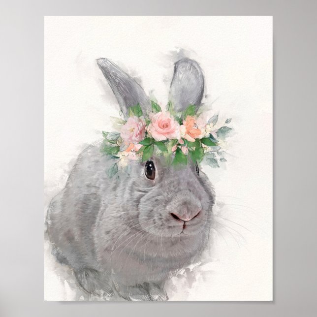 Póster Conejo lindo con corona de flores (Frente)
