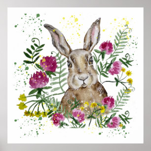 Póster Conejo lindo en flores acuarelas