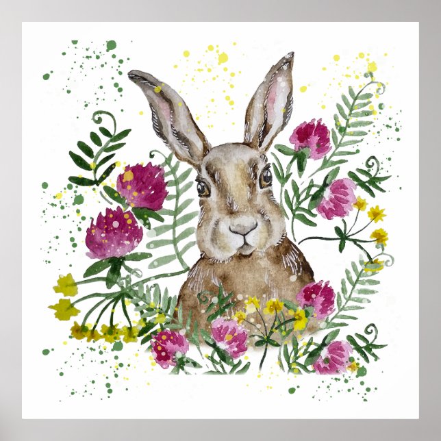 Póster Conejo lindo en flores acuarelas (Frente)