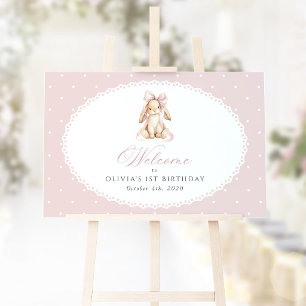Póster Conejo, Lunares Rosas, Bienvenida al Primer Cumple
