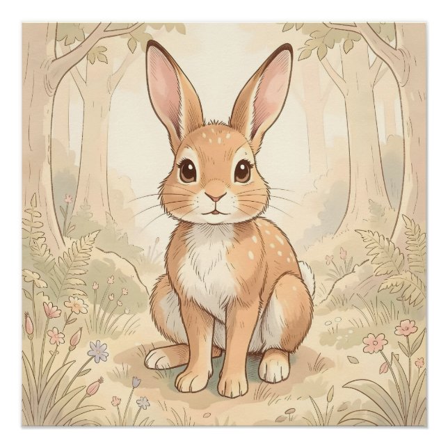 Póster Conejo marrón lindo en un bosque (Anverso)