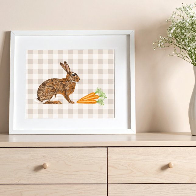 Póster Conejo marrón rústico y zanahorias sobre gingham b (Disclaimer: This image is a digital mockup.)