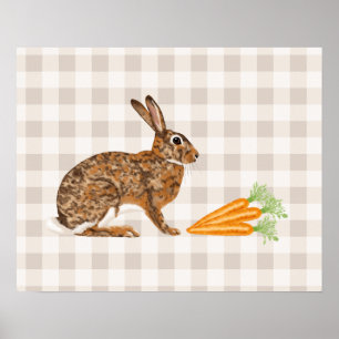 Póster Conejo marrón rústico y zanahorias sobre gingham b