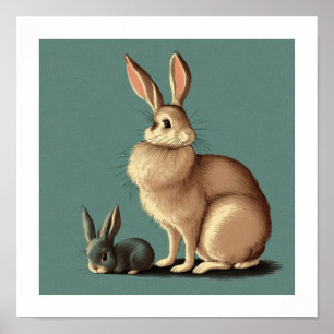Póster Conejo marrón vintage y conejo gris