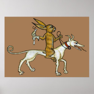 Póster Conejo medieval montando perro y sosteniendo carac