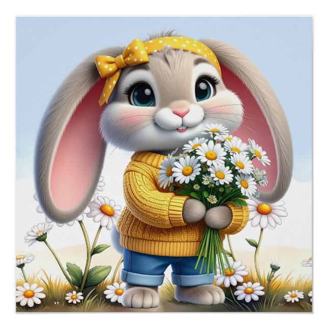 Póster Conejo orejas rosadas margaritas blancas (Anverso)