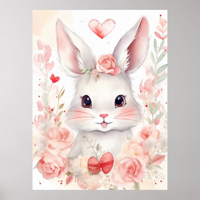 Póster Conejo pastel con corazones Ojos marrones mejillas (Frente)