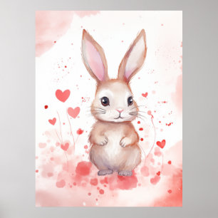 Póster Conejo Pastel con corazones Ojos Marrones nariz ro