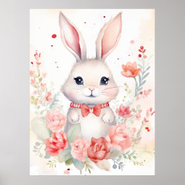 Póster Conejo pastel con rosas y lazo rojo