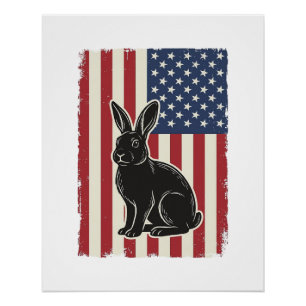 Póster Conejo Patriótico Bandera Americana Grabado Vintag