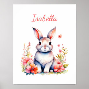 Póster Conejo personalizado en flores rosadas