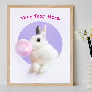 Póster Conejo que sopla burbuja de goma, mensaje o nombre