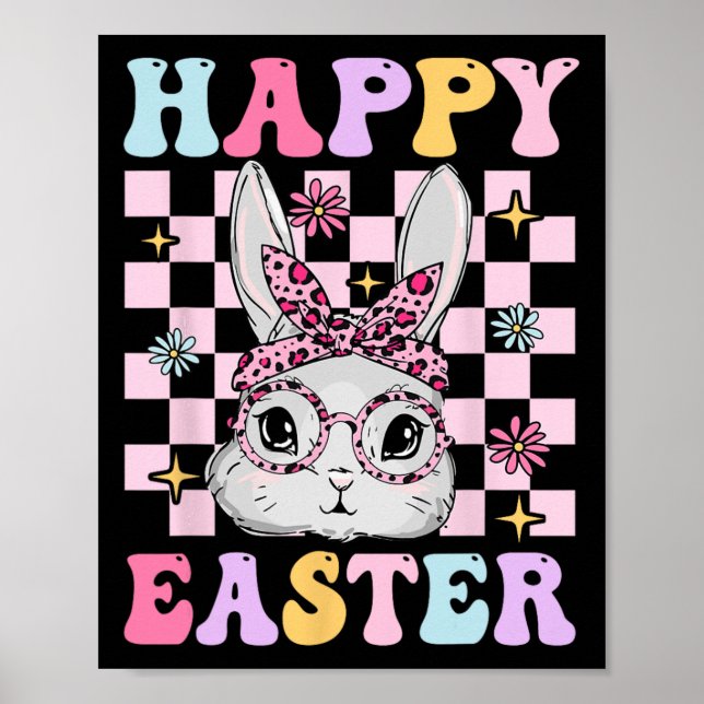 Póster Conejo Retro Groovy Feliz Pascua Cuadrada Para Muj (Frente)