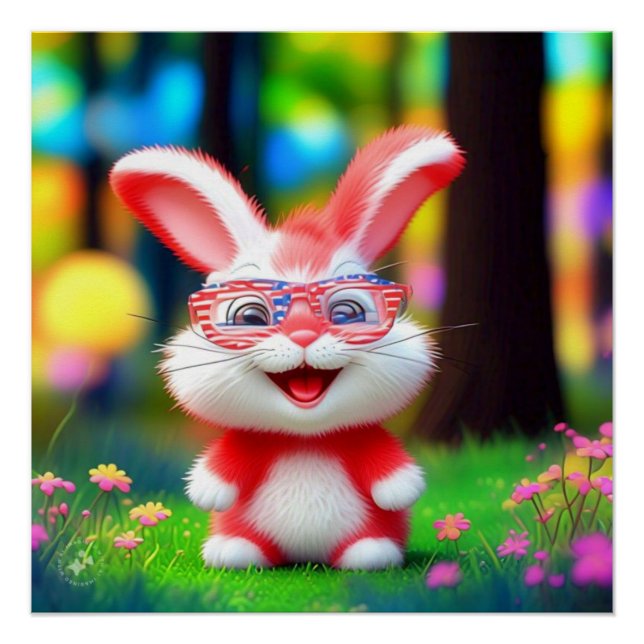 Póster Conejo rojo con gafas americanas-44244 (Anverso)