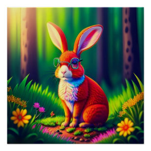 Póster Conejo Rojo Sentado en la Hierba