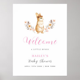 Póster Conejo rosa lindo saludo de flores silvestres para