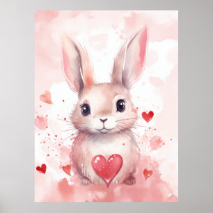 Póster Conejo rosa pastel super lindo corazones Ojos marr