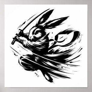 Póster Conejo Samurái Guerrero de Tinta Negra