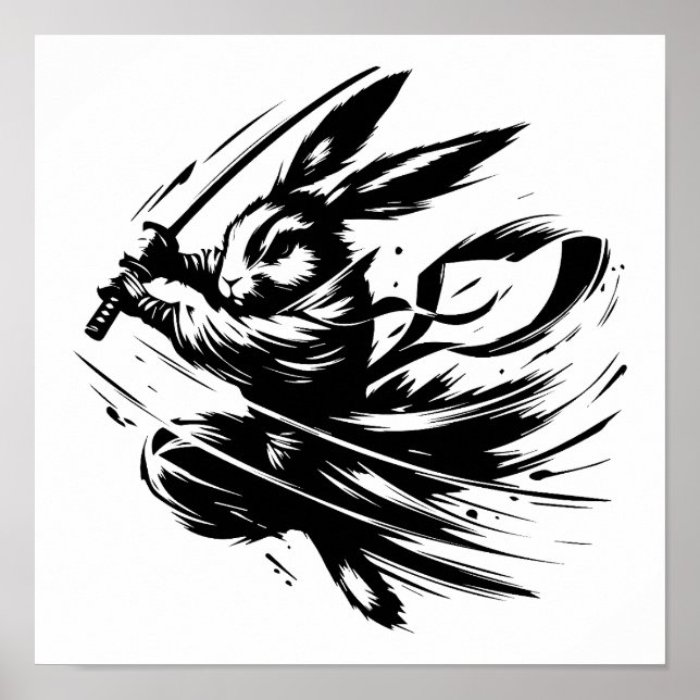 Póster Conejo Samurái Guerrero de Tinta Negra (Frente)