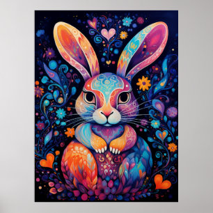 Póster Conejo sentado flores corazones